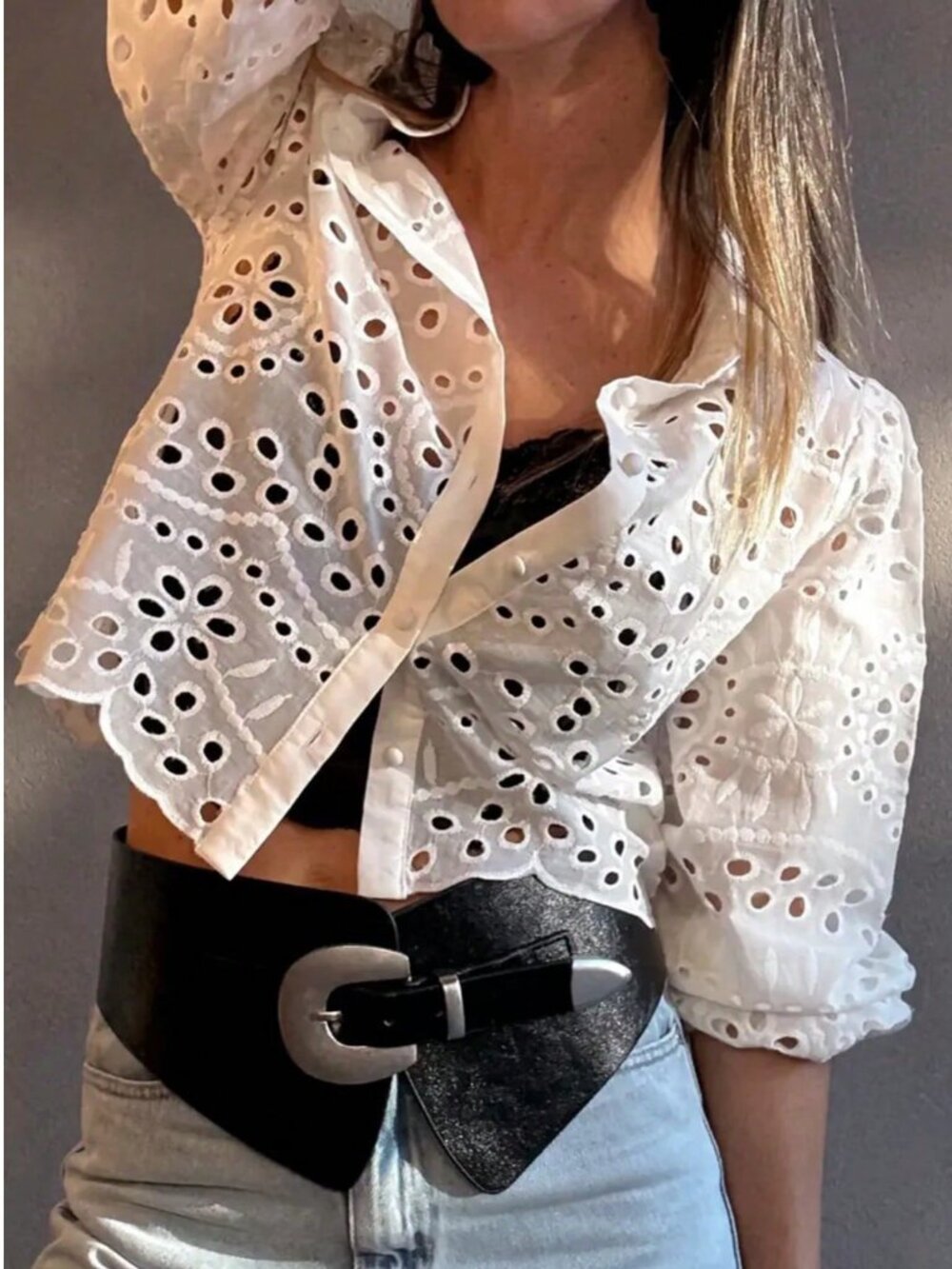 White Boho Women's Single-Breasted Embroidered Hollow Casual Vacation Shirt - Picture 2 of 8